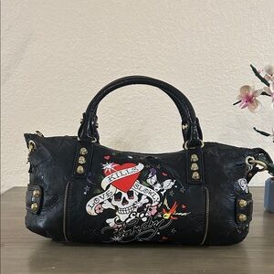 Ed Hardy Black Satchel with Graphic Design Vintage
